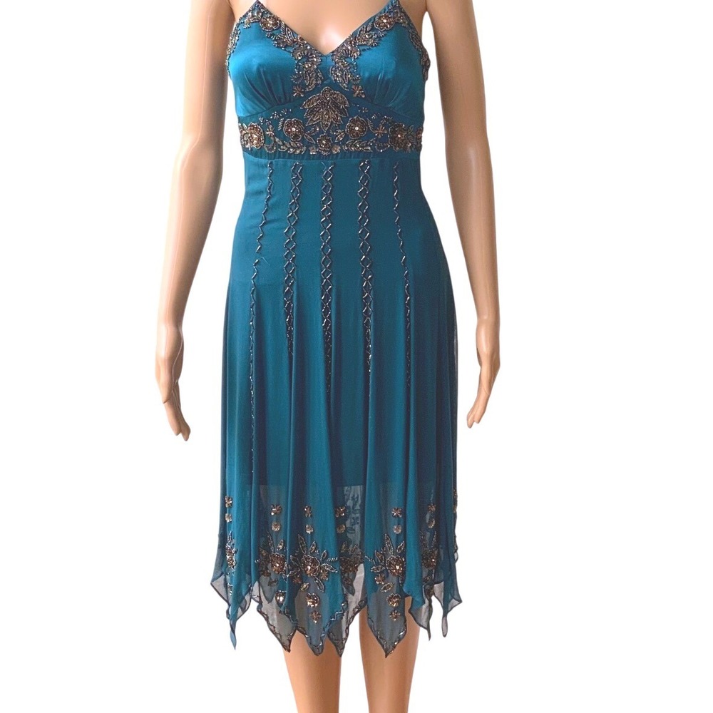 Sue Wong Nocturne Size 2 100% Silk Teal Beaded Y2K Handkerchief Dress
